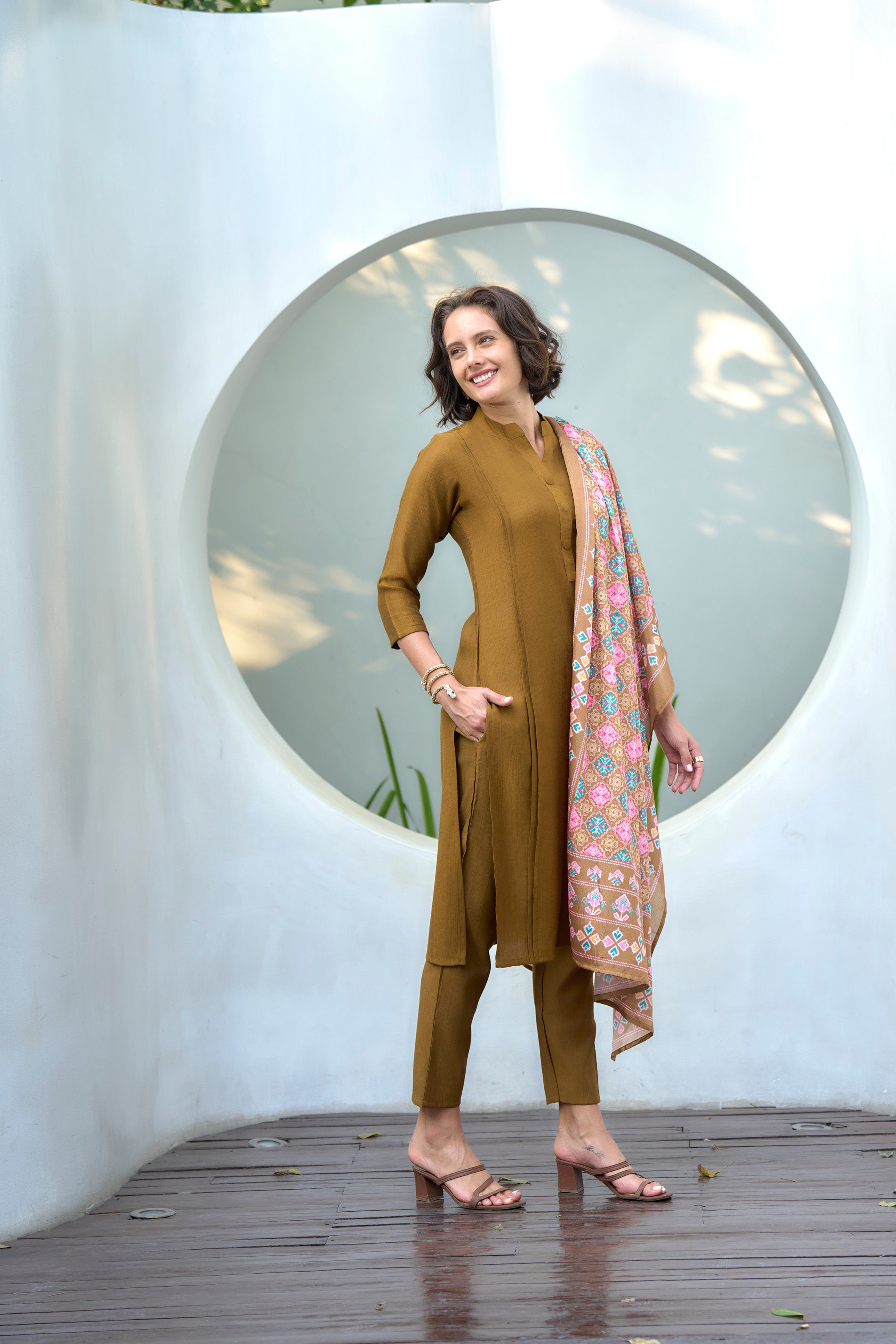 Gold Rust Vatican Kurti Set with Chinnon Dupatta – 3/4 Sleeves